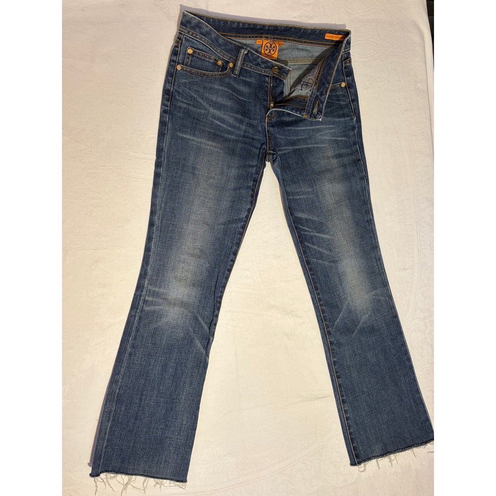 Tory Burch Classic Tory Boot Jeans Medium Wash Frayed Hem Size 28